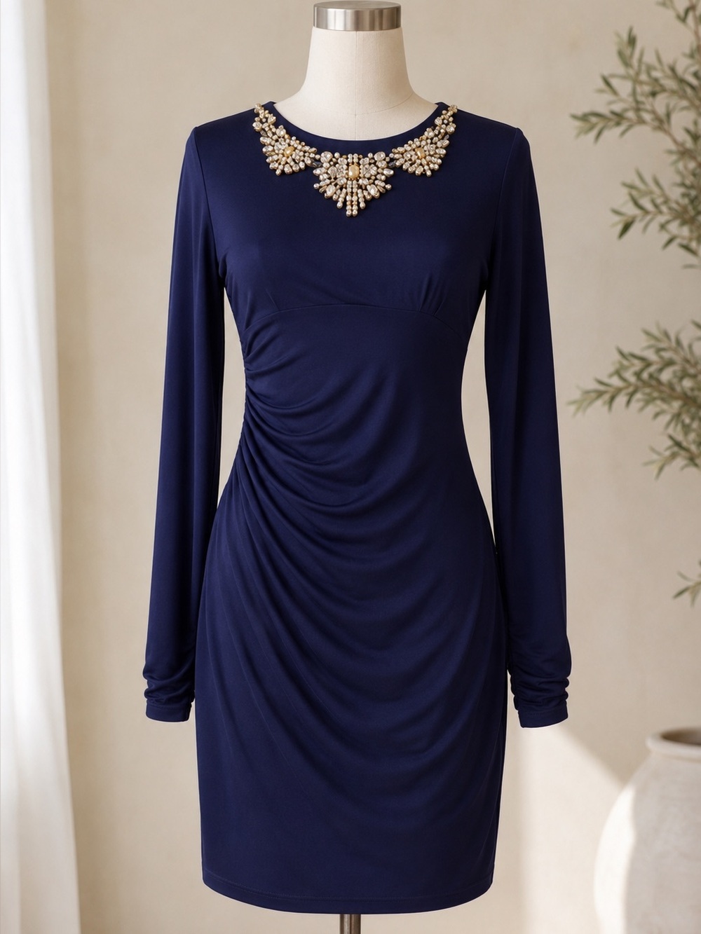 Jeweled Neck Cocktail Dress Navy Bodycon Party Dress Long Sleeve Size 6